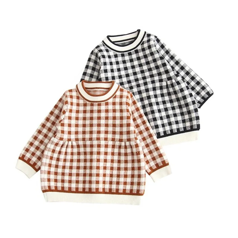 

Spring Autumn Baby Dress Kids Long Sleeve Knitwear Princess Girls Knit Plaid Dresses for Party Infants Tutu Dress Vestidos Tops