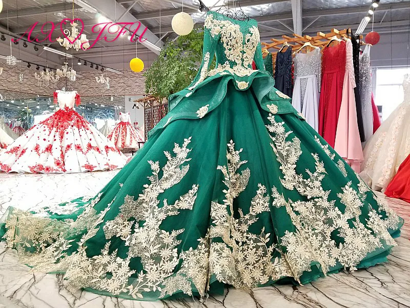 AXJFU роскошное зеленое кружевное свадебное платье принцессы с золотыми цветами свадебное платье с вырезом лодочкой и длинным рукавом с бисером настоящая фотография YS 4219