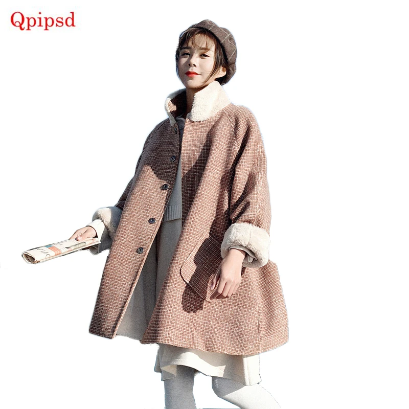 

Winter New Korean Women's Woolen Coat Stand Collar Single Breasted Loose Lamb Hair Plus Velvet Camel and Pink Plaid Short Coat