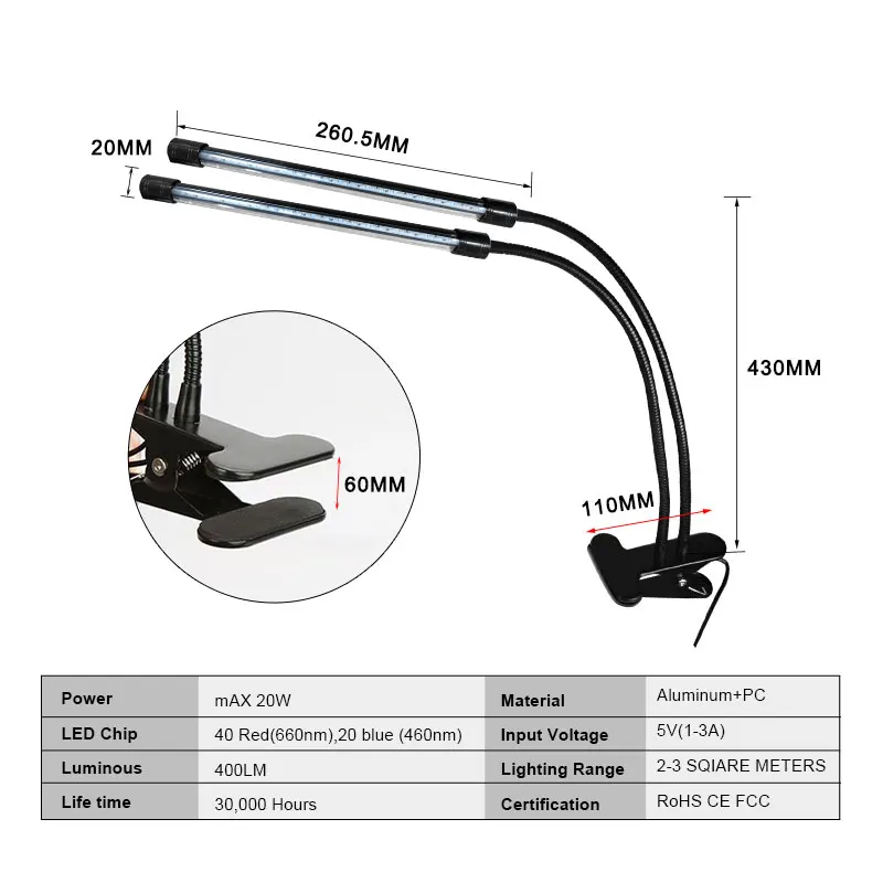 Полный спектр светодиодный Фито лампы 60 светодиодный s затемнения двойной трубы 5 В растения растут с зажимом Функция времени растений phytolamp