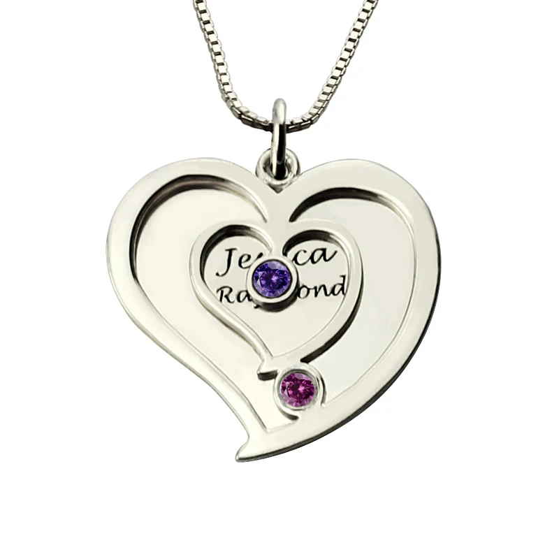 Personalized Two Name Heart font b Necklace b font in 925 Silver with Birthstones Couples Name