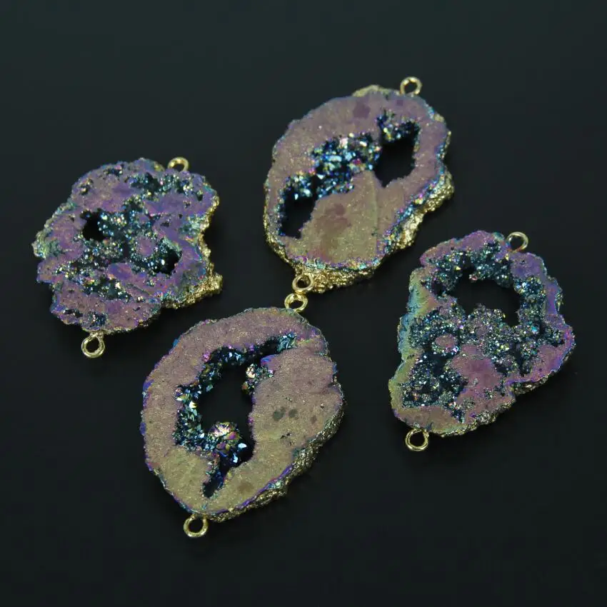 

Bulk Large Natural Rainbow Titanium Druzy Plated Gold Bail Link Necklace Bracelet,5pcs Raw Drusy Geode Slices Connectors Jewelry