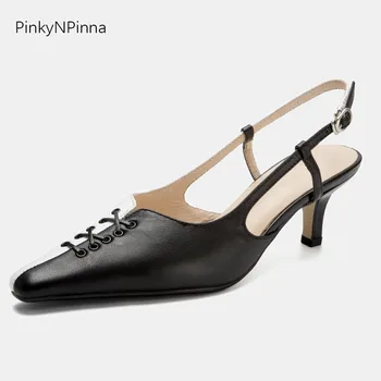 

High fashion women designer runway slingback pumps kitten heels black white mixed dress party summer shoes soft genuine leather