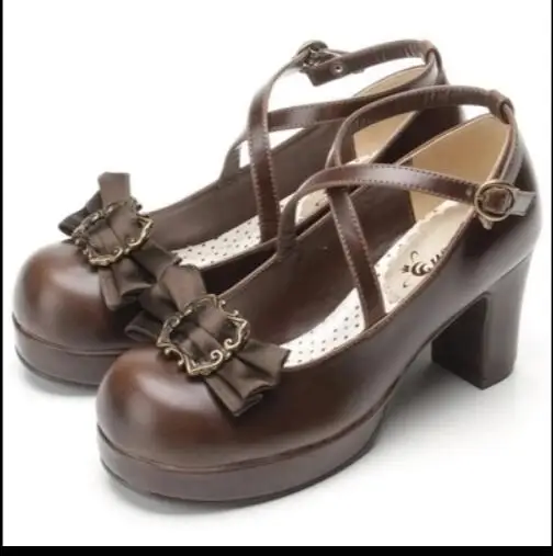 Туфли Лолиты из искусственной кожи на высоком каблуке в японском ретро-готическом стиле; обувь для костюмированной вечеринки; туфли-лодочки с бантом - Цвет: Коричневый