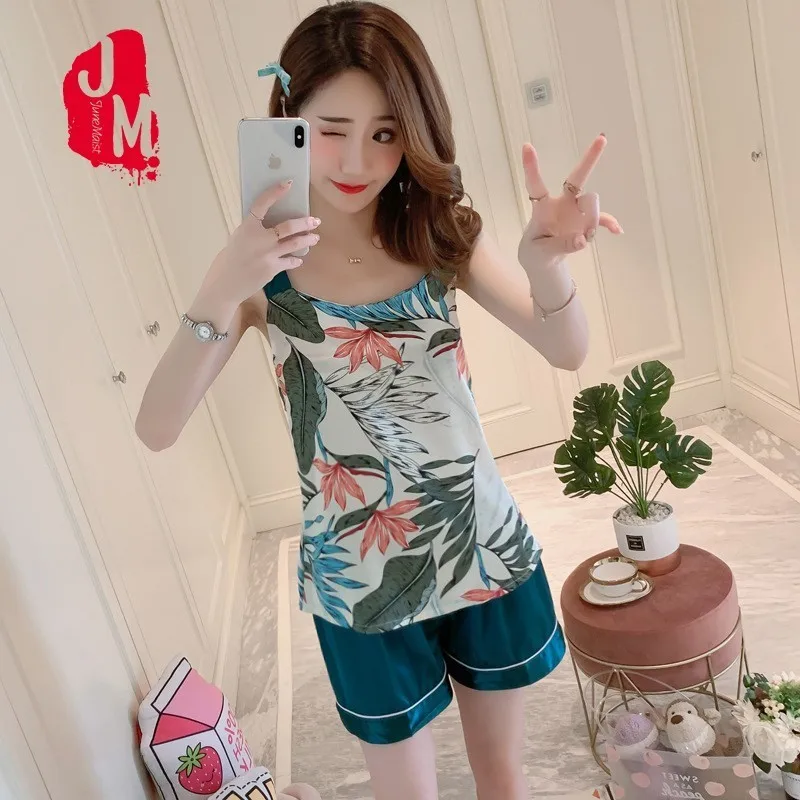 

Pyjamas Women Satin Summer Pijamas Women Silk Plus Size Sleeveless Silk Pajamas Women Print Silk Sleepwear Homewear Sleep M L XL