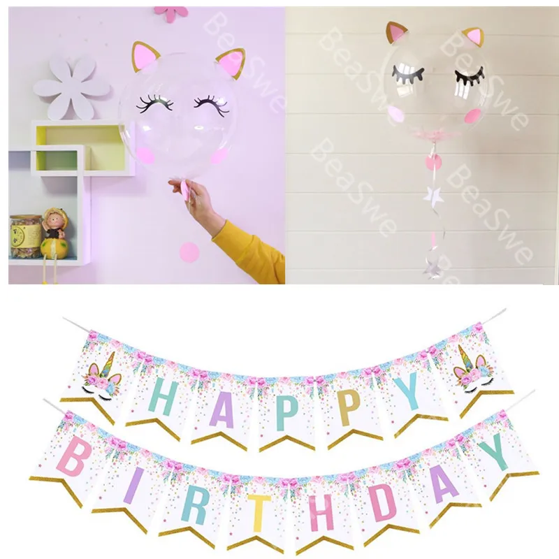 

Unique Unicorn Theme Baby Event Party Supplies stickers on 18inch bubble balloons with Paper unicorn Happy Birthday banner