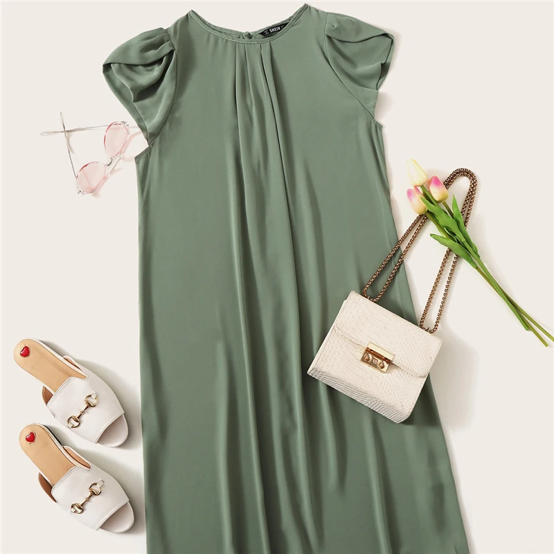 Шеин, плиссированное платье с рукавами-лепестками спереди, зеленое цельнокроеное однотонное платье с коротким рукавом и круглым вырезом, летние прямые женские платья