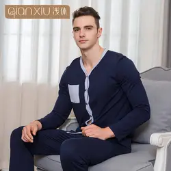 Qianxiu осень пижамный комплект для мужчин кардиган контрастного цвета хлопковые пижамы повседневное плюс размеры