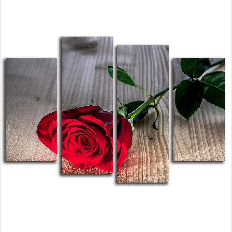 4 Panels Modern Flower Canvas Wall Art ,Red Rose Canvas Art Printed on