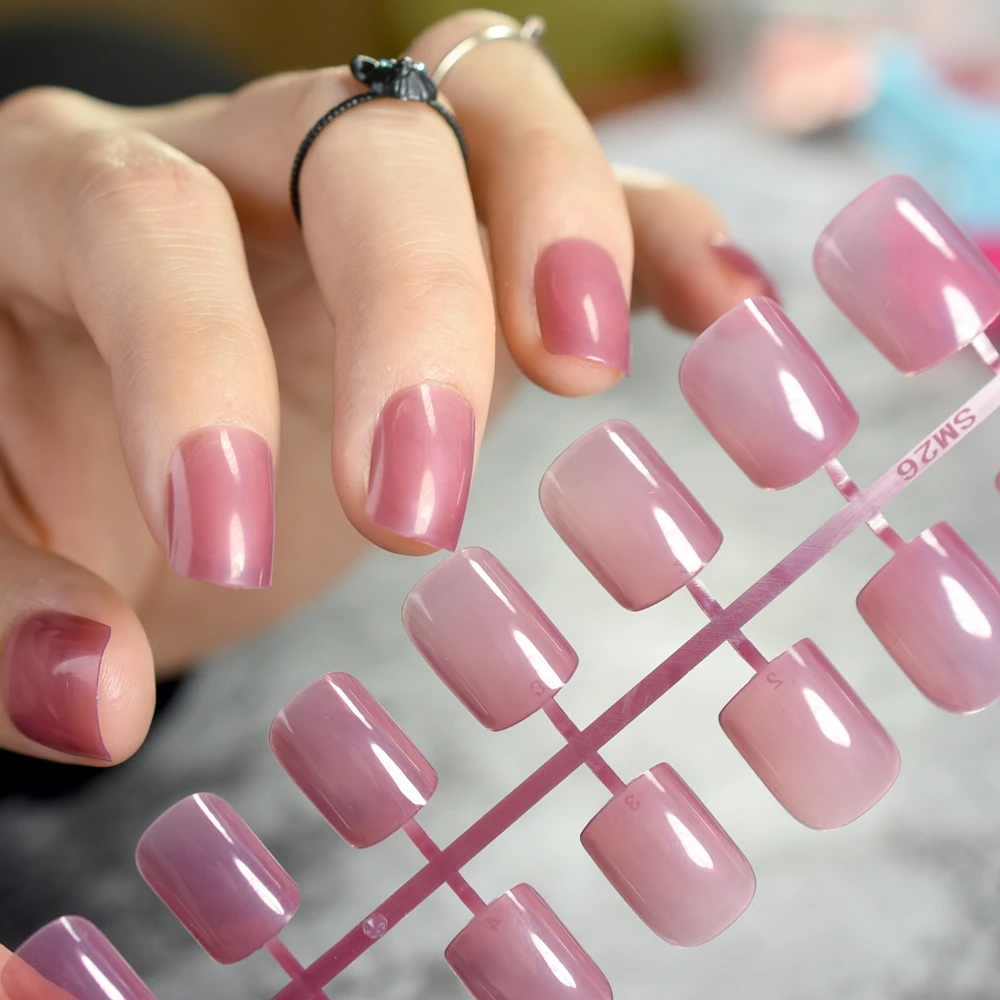 

Candy Short Fake Nails Flat Top Red False Clear Red Brown DIY Nail Art Manicure Product 24Pcs