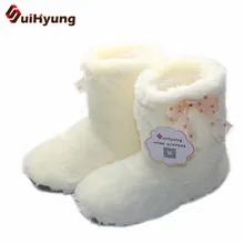 New Women’s High-top Shoes Thick Plush Warm Indoor Shoes Non – slip Soft Bottom Indoor Boots Cute Bow Home Floor Shoes