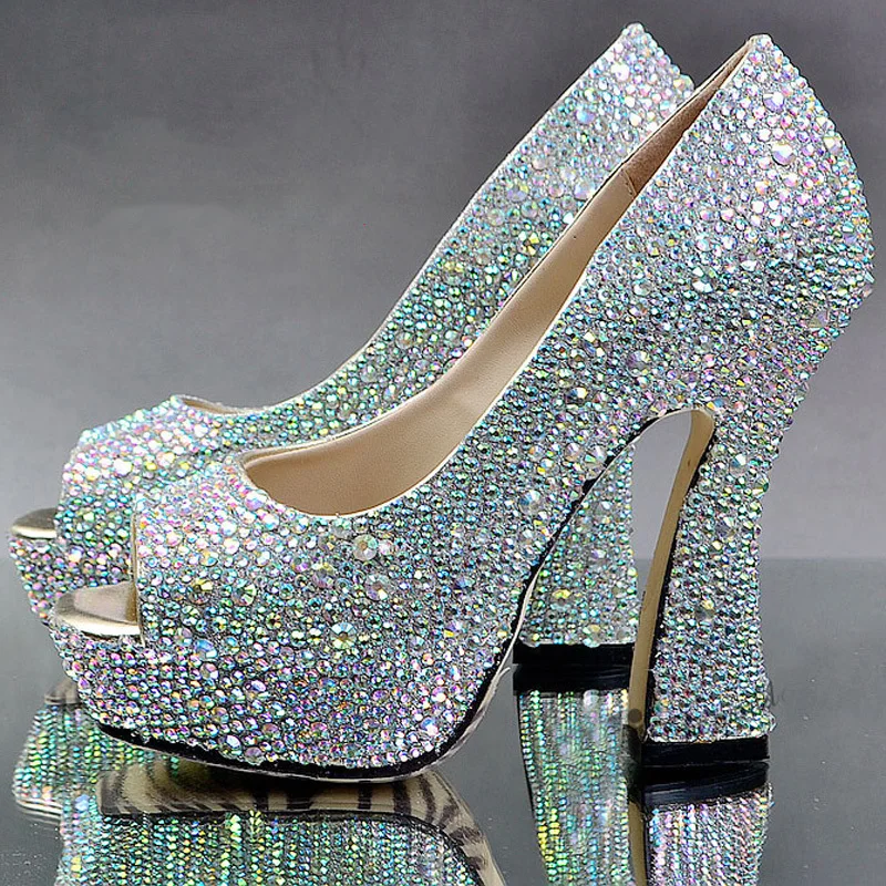 Fres Shipping Handmade Peep Toe Rhinestone Wedding Shoes AB Crystal Bridal Shoes Party Evening Prom Dress Platform Pumps