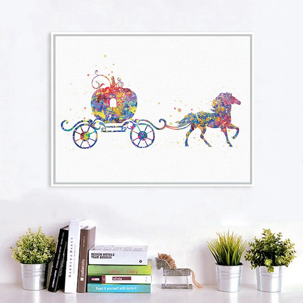 Original-Watercolor-Cinderella-Pumpkin-Carriage-Pop-Fantasy-Cartoon-Art-Print-Poster-Wall-Picture-Canvas-Painting-Girl