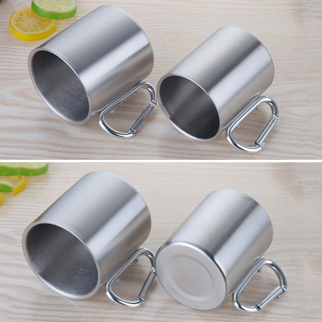 Caliente 220 ml 300 ml 350 ml 450 mL taza de acero inoxidable Camping Picnic viajar taza al aire libre taza de doble pared con mango de mosquetón