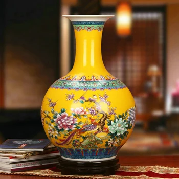 

Jingdezhen ceramic Chinese Antique Yellow Peony Phoenix Flower And Bird Vase Classical Household Decorations tall ceramic vase