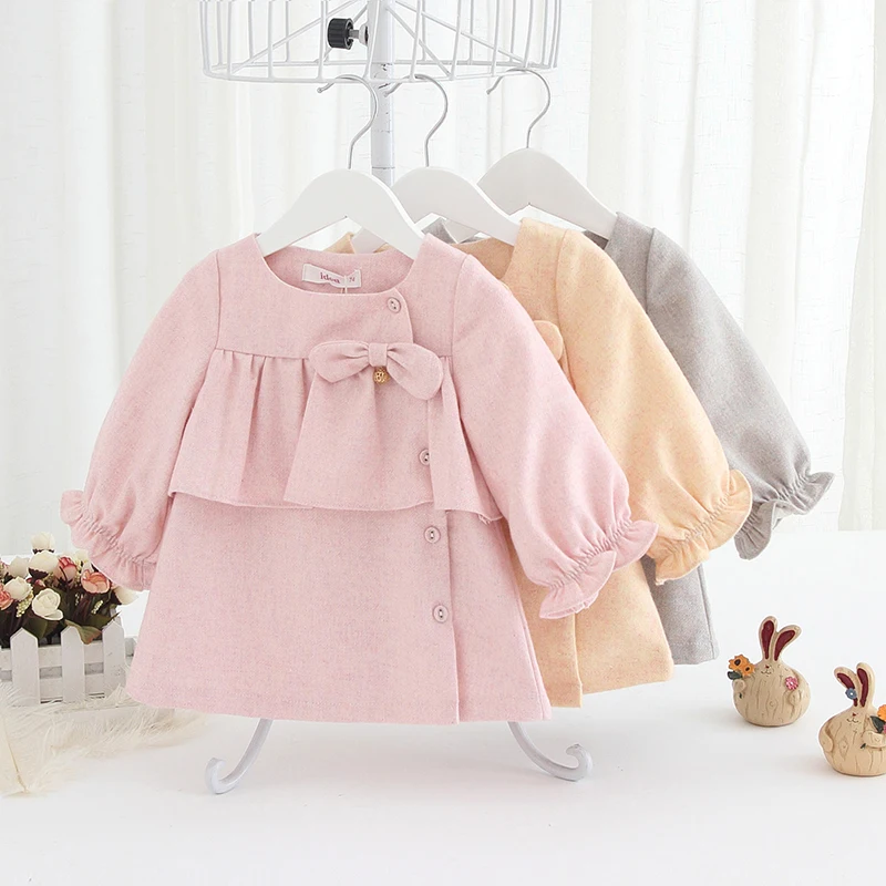 

Fall New Baby Toddler Girl Wool Outwear Coat Ruffles Bow Cardigan Top Jacket Chirldren Girls Dust Coat Infant Clothes0-1-2T
