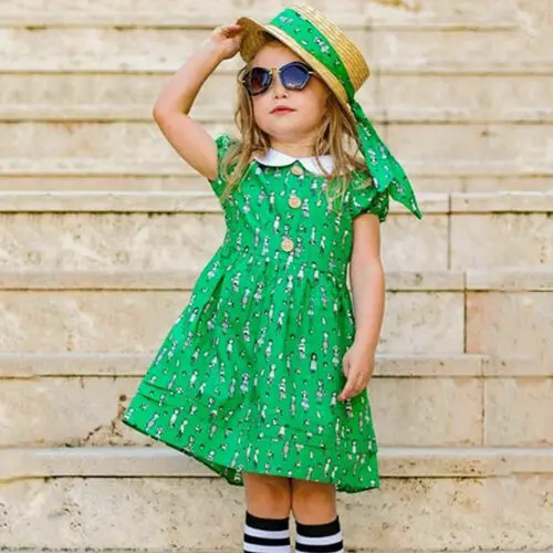 

Toddlers Baby Girls Kids Summer Green Sweet Patern Print Cute Sashes Button Crew Neck Dress Sundress Outfit Sundress 1-5T