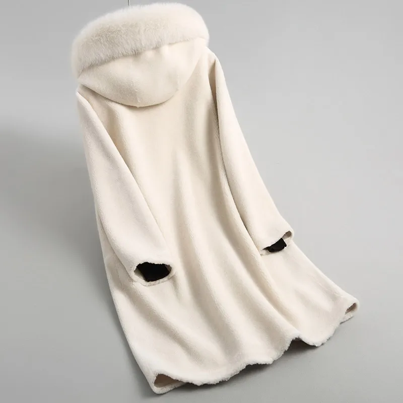 Manteaux Yq1928 Ayunsue Chaud Col Fourrure Femmes Réel De D'hiver À Manteau Renard Capuchon 18112 Veste Femelle 2018 Mouton Beige Laine Naturel PHrqvPw