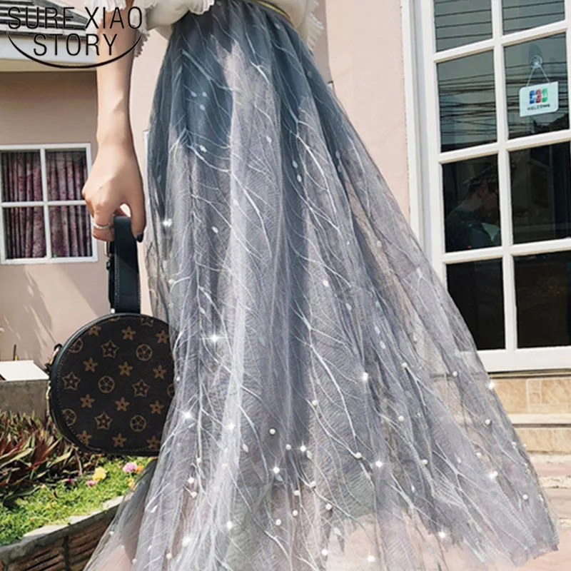 

Fashion summer womens skirts 2019 pink black skirt elegant long skirt lace Beading A-Line Solid Sweet skirt Mesh Empire 4977 50