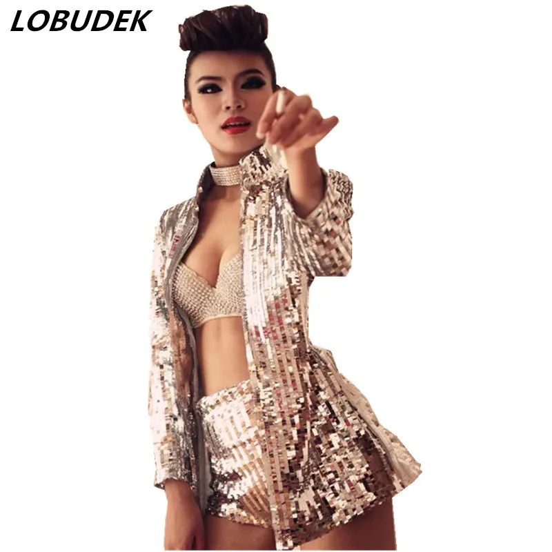 

The stage singer DS DJ Christmas with high-end costume photography photo sequins long slim coat shorts female sexy costume show