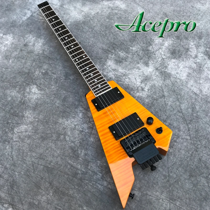 New Style Headless Electric Guitar w/ Tremolo Bridge, Yellow Flame