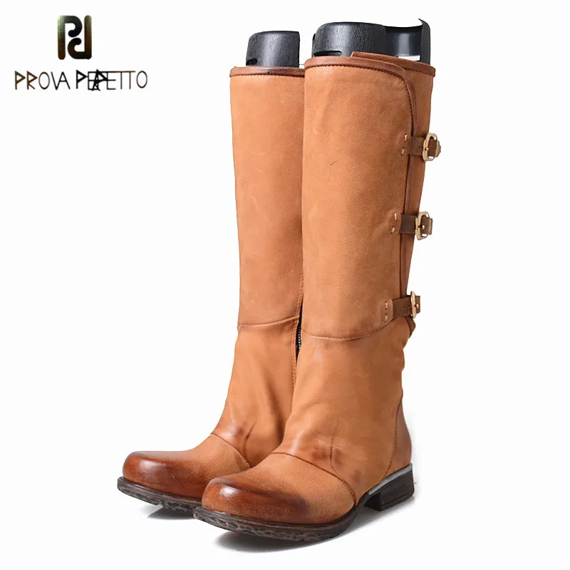 

Prova Perfetto New Arrival Concise Style Retro Cow Suede Leather Patchwork Woman knee High Boots Buckle Strap Knight Boots