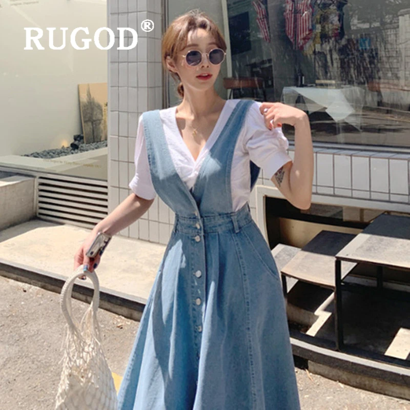 RUGOD/корейское шикарное платье из джинсовой ткани Модное ТРАПЕЦИЕВИДНОЕ