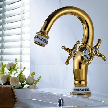 

Basin Faucet Blue White Porcelain Luxury Single Hole Dual Han Antique Golden Brass Vessel Sink Tap For Kitchen & Bathroom Lt090