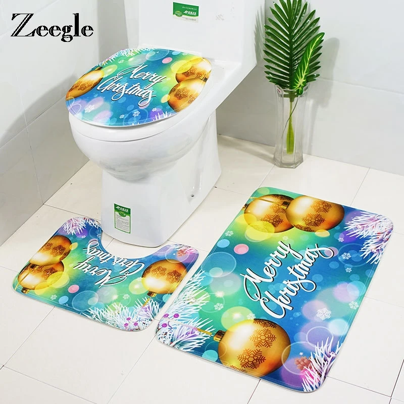 Zeegle Christmas Bath Mat Bathroom Carpet Floor Mat Set 3pcs Europe Joyous Bath Mat Anti Slip