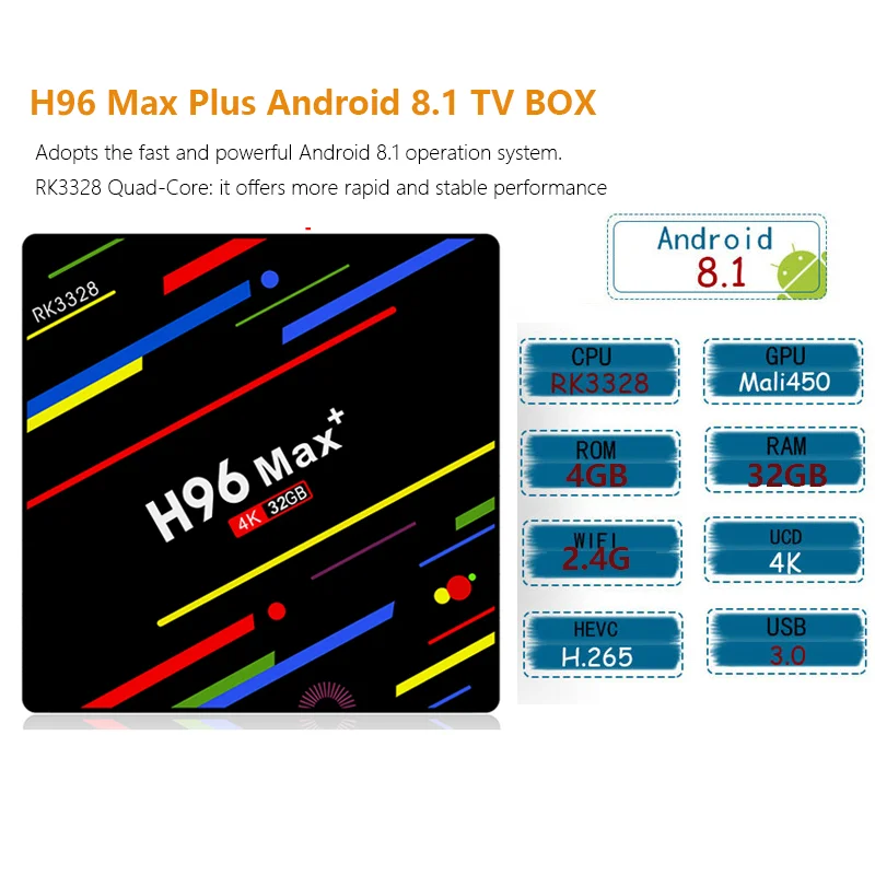 

Android TV Box H96 Max+ RK3328 Quad Core Android 8.1 4GB/32GB H.265 HDR10 2.4G Wifi USB3.0 4K Set-top Box media player h96 pro