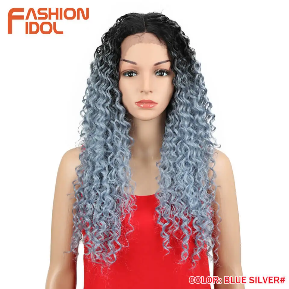 Мода IDOL Kinky Вьющиеся жаропрочного синтетического Синтетические волосы на кружеве парик для афро-американских Для женщин средняя часть длинные волосы бесклеевой
