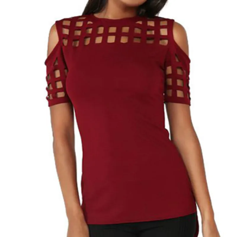 

2019 Summer Blusas Sexy Shirts Slim Hollow Out Shirts Plus Size Block Cold Shoulder Blouse Slim Blusa Feminino Women Tops LX235