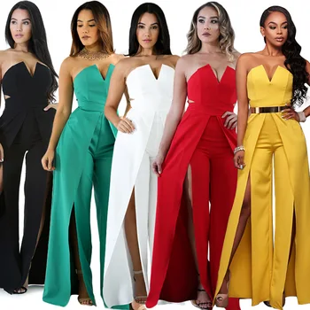 

Wantmove 2019 new summer women jumpsuit sexy solid color splice pleated wrap chest sleeveless high slit wide-leg jumpsuit WM718