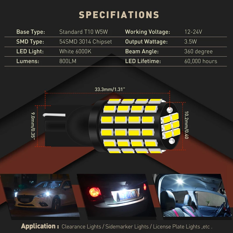 Katur 500 шт., Автомобильный светодиодный светильник T10 W5W, светодиодный светильник для автомобилей, Сменные лампы, парковочный светильник, белый, 12-24 В