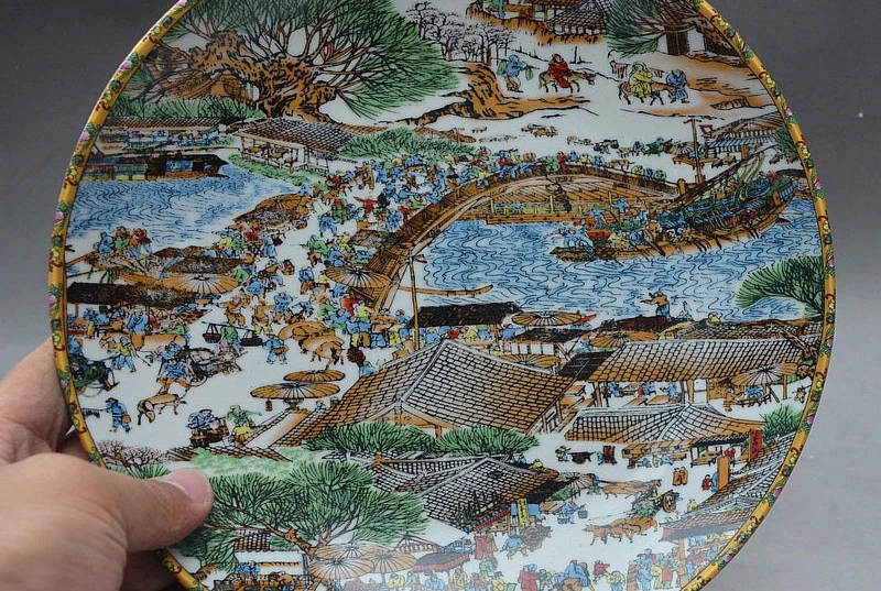 

10" Song China Porcelain Riverside Scene at Qingming Festival Plate Dish Tray
