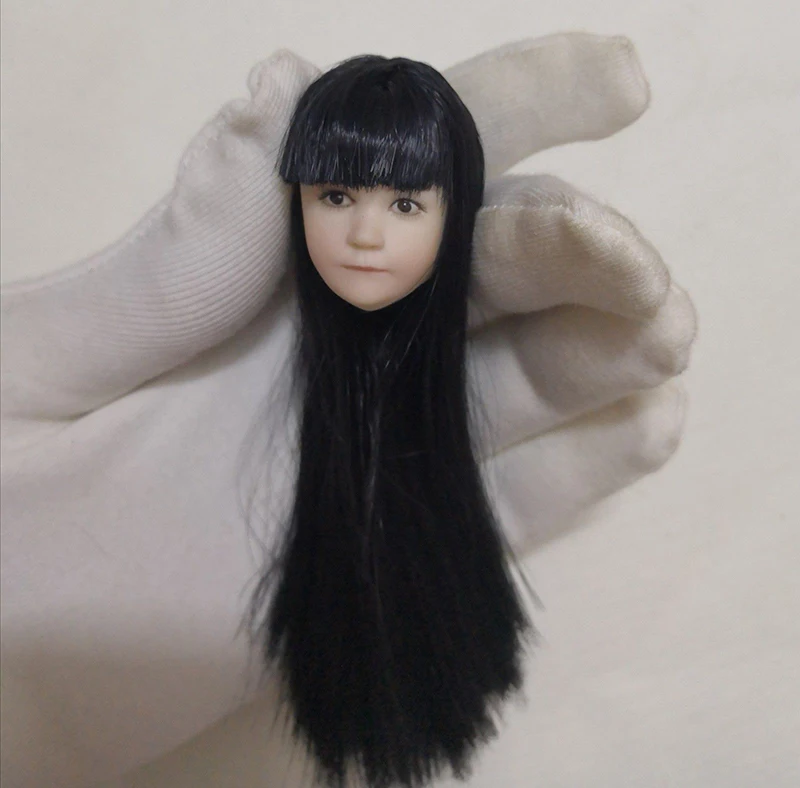 1/6 черные длинные волосы Азия маленькая милая девочка голова прекрасный ребенок голова прямой челка голова Лепка для 1" фигурка бледное тело