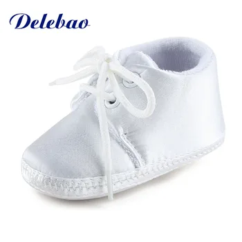 

Delebao Newborn Baby Boy Or Girl Pure White The Baptism Of Shoes Unique Lace-up Soft Sole Cotton Christening First Walkers