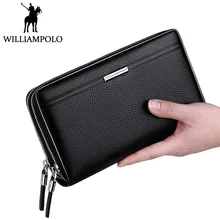 WILLIAMPOLO Double Zipper Genuine Leather Clutch Bag Men Flap Day Clutches Business Handbag PHONE Organizer Wallet