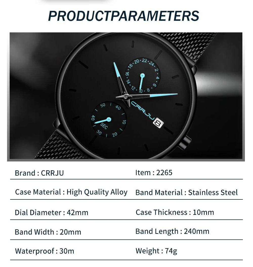 CRRJU, модные мужские часы, Топ бренд, Роскошные Кварцевые часы, мужские повседневные тонкие сетчатые стальные водонепроницаемые спортивные часы, Relogio Masculino