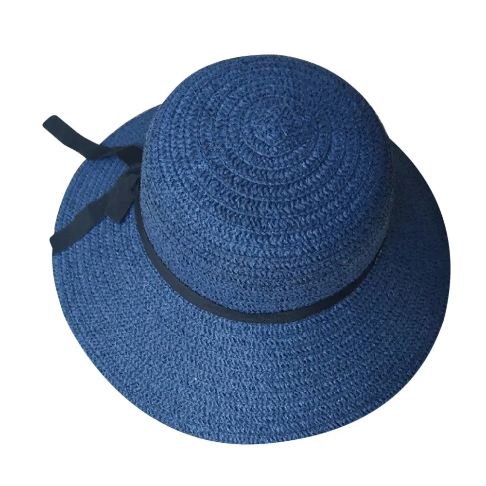 Гибкие складные солнцезащитные кепки с лентами, с круглым плоским верхом, Соломенная пляжная шляпа, Панама, летние шляпы для женщин, соломенная шляпа, Прямая поставка Z0325 - Цвет: Navy