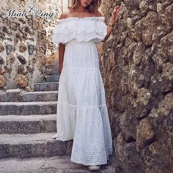 

MIAOQINGeleganthollow-outwomensdresswithdiagonalcollaropenshoulderbubblesleeveshighwaistedslimwaistandlongdressforwomensfashion