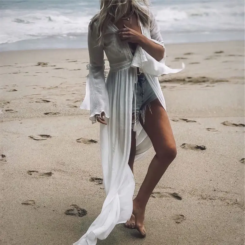 Длинное пляжное белое летнее пляжное платье с кружевами в стиле пэчворк купальный костюм накидка пляжная одежда парео пляжное бикини