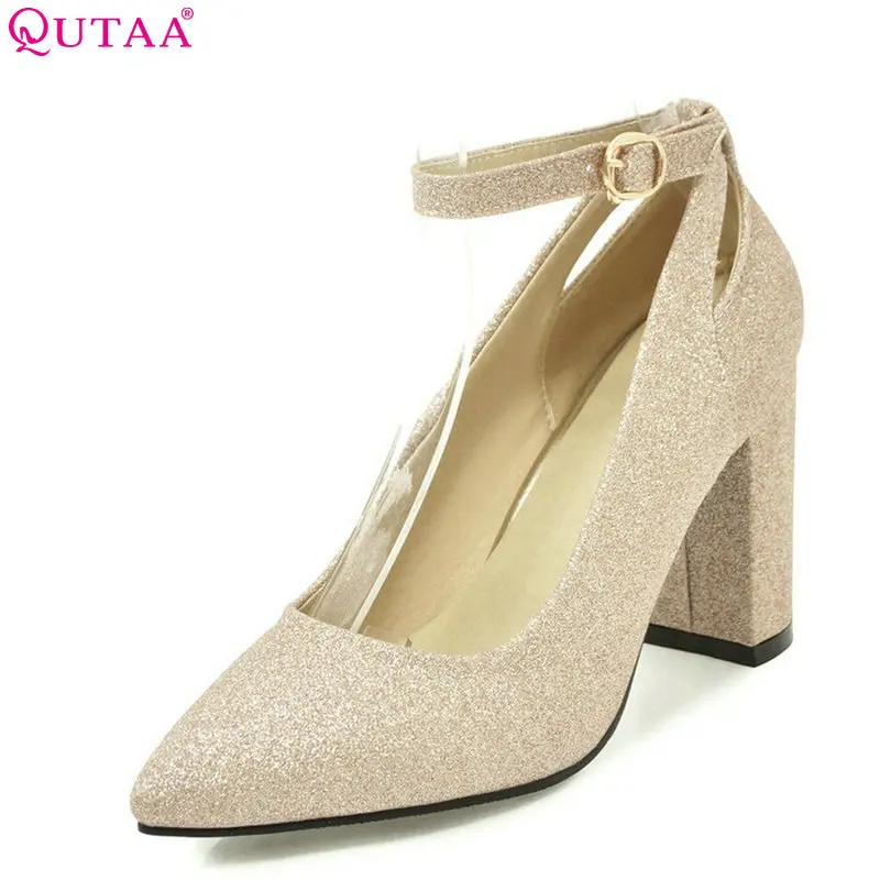 

QUTAA 2018 Women Pumps Casual Fashion Square High Heel Women Shoes Pu Leather Pointed Toe Buckle Ladies Pumps Size 34-43