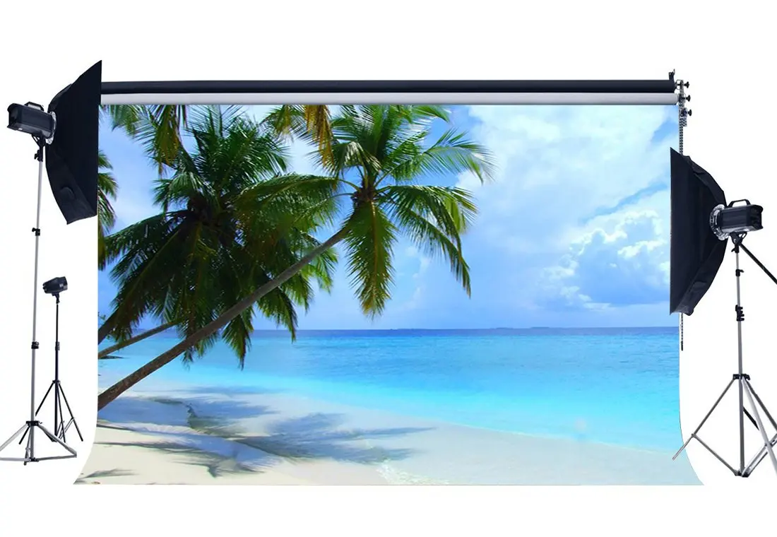 

Seaside Sand Beach Backdrop Coconut Palm Blue Sky White Cloud Nature Romantic Summer Background Lover Wedding