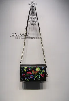 

free shipping embroidery one shoulder women's sheepskin handbag chain small fashion cross-body bag genuine leather