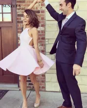 Einfache Rosa Cocktailkleider A-line Spaghetti-trägern Mini Kurzes Partei-kleid Sexy Backless Petite Kleider SAU341