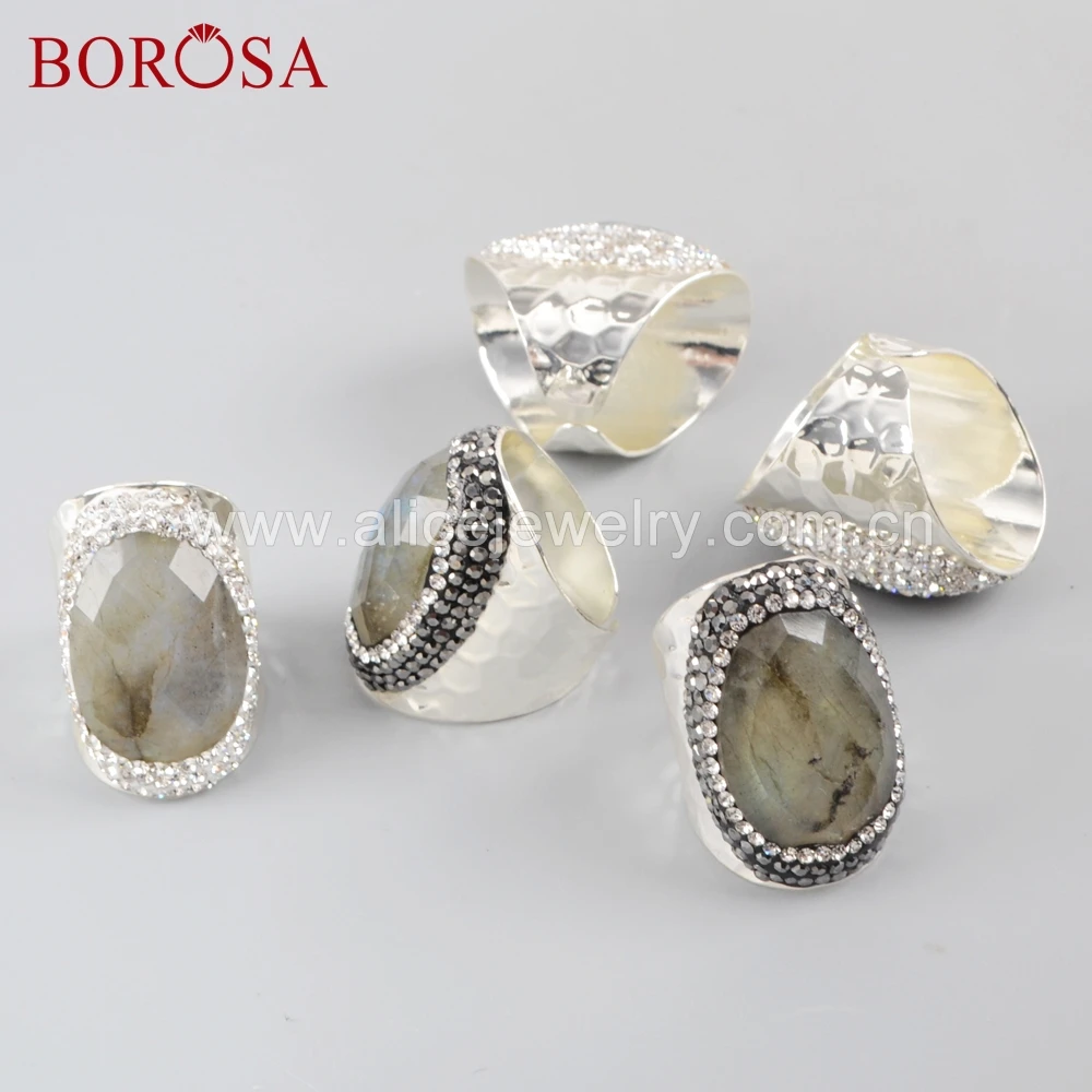 BOROSA 6 шт. серебряный цвет натуральный Ограненный Лабрадорит камни Друза кольцо кристалл проложили черный/белый украшения с цирконами для женщин JAB945