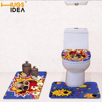 

HUGSIDEA Cool Skull Pattern Shower Room Anti Slip Rug Three-piece Set Over Bathroom Flannel Bathroom WC Toilet Seat Cover carpet