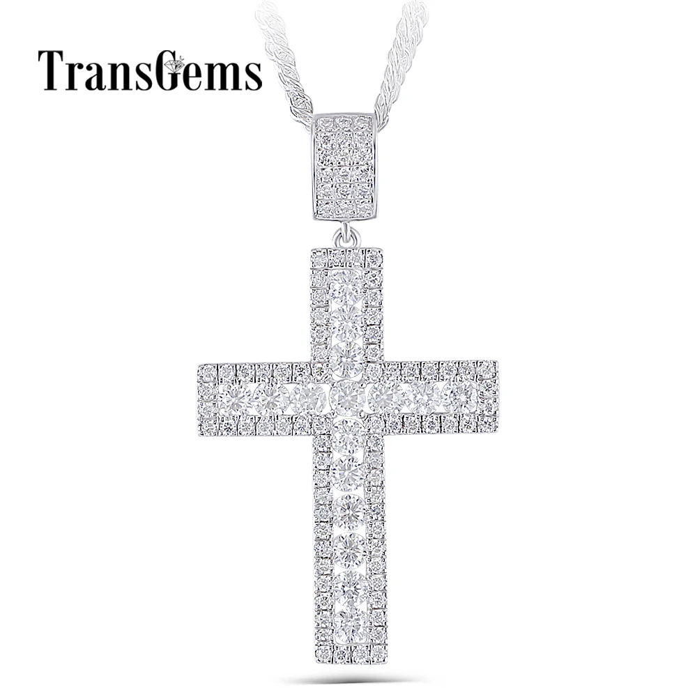 

Transgems Cross Shaped Pendant for Men Platinum Plated Silver Clear Moissanite VVS1 with Silver Chain