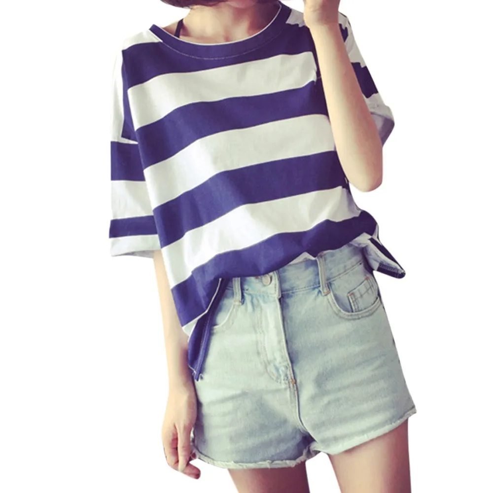 

Fashion Womens Short Sleeve Vest Stripes Print Top Casual Summer T-Shirt Female Large Size Loose O-Neck Lady Tops Shirt